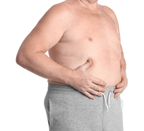 Fat Starší Muž Bílém Pozadí Closeup Ztráta Hmotnosti — Stock fotografie