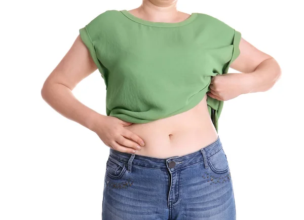 Übergewichtige Frau Berührt Bauchfett Vor Gewichtsverlust Auf Weißem Hintergrund — Stockfoto