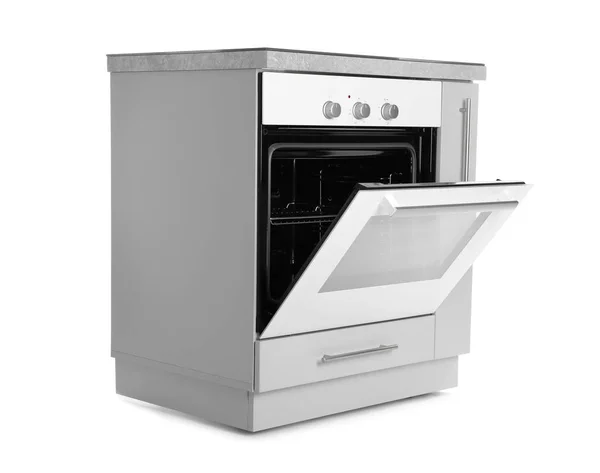 Forno Elétrico Moderno Aberto Fundo Branco Aparelho Cozinha — Fotografia de Stock