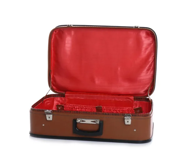 Valise Ouverte Marron Classique Sur Fond Blanc — Photo