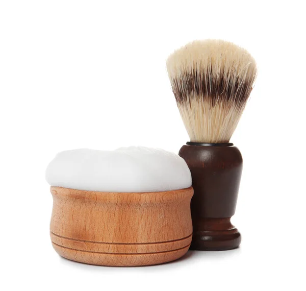 Shaving Brush Men Bowl Foam White Background — Stock Photo, Image