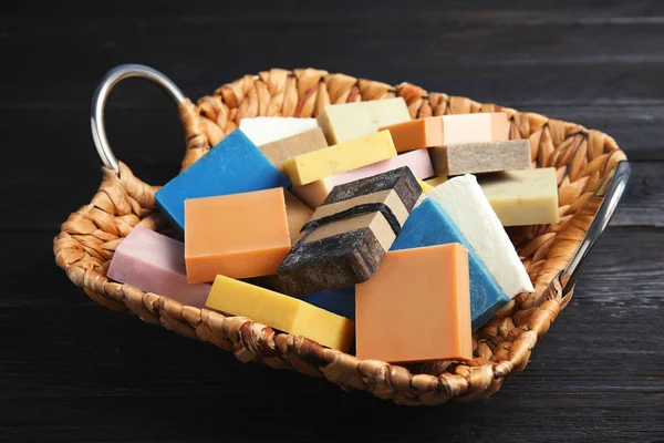 Many Different Handmade Soap Bars Wicker Basket Table — Stock Photo, Image