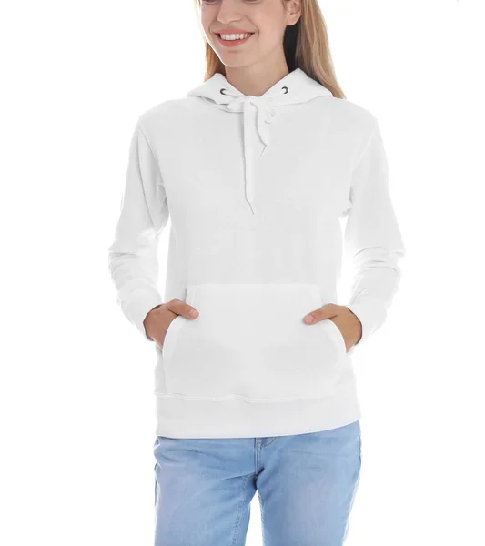 Vrouw Hoodie Trui Witte Achtergrond Ruimte Voor Design — Stockfoto