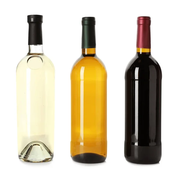 Garrafa Com Diferentes Tipos Vinho Sobre Fundo Branco — Fotografia de Stock