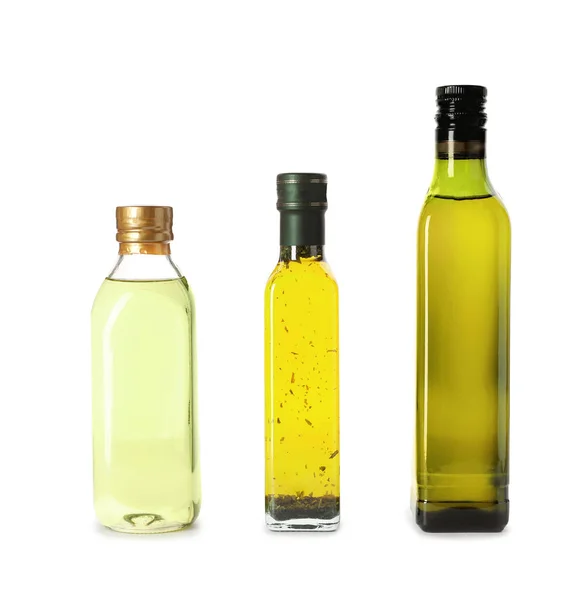 Glasflaschen Mit Verschiedenen Ölen Auf Weißem Hintergrund — Stockfoto