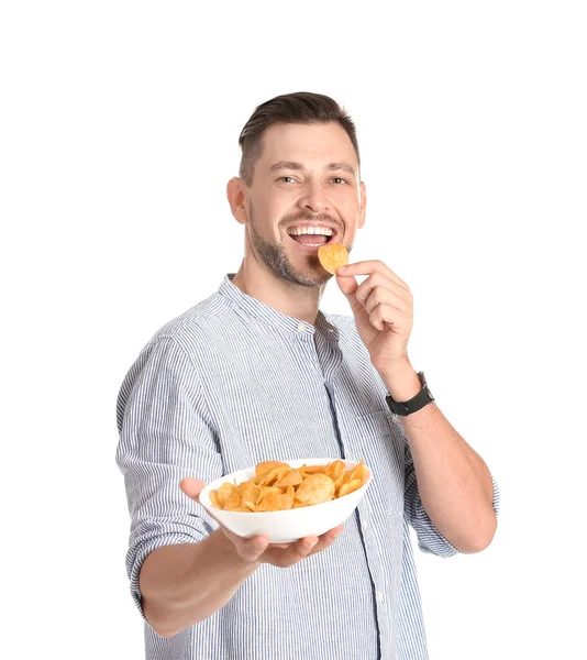 Man Eating Potato Chips White Background — Stock Photo, Image