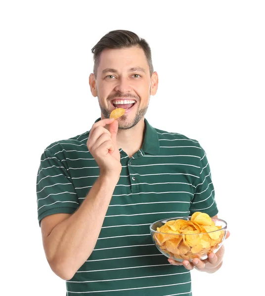 Mężczyzna Jedzenie Chipsów Ziemniaczanych Białym Tle — Zdjęcie stockowe