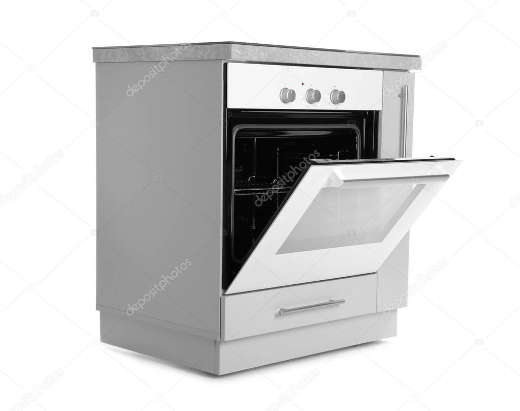 Open modern electric oven on white background. Kitchen appliance