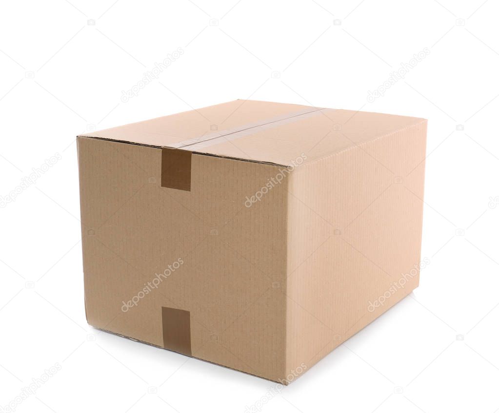 Cardboard parcel box on white background. Mockup for design
