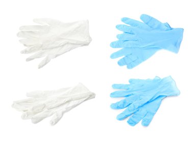 Koruyucu eldiven ile beyaz arka plan üzerinde ayarlayın. Tıbbi nesneleri