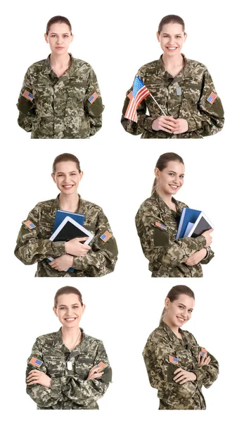 Conjunto Com Soldado Fêmea Fundo Branco Serviço Militar — Fotografia de Stock