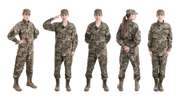 Set Con Soldato Donna Sfondo Bianco Servizio Militare — Foto Stock