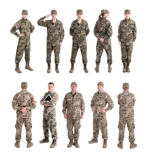 Set Med Kvinnlig Soldat Vit Bakgrund Militärtjänst — Stockfoto