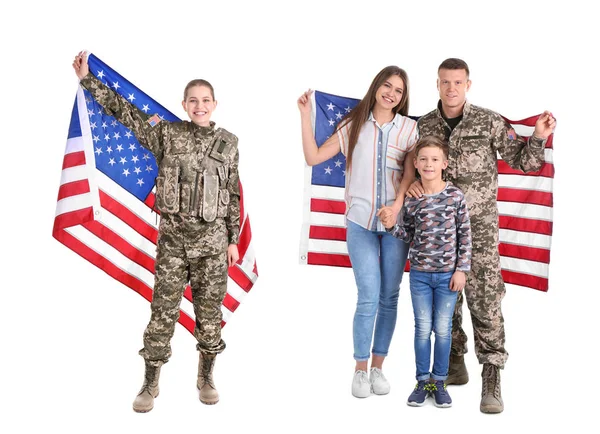 Conjunto Com Soldado Fêmea Fundo Branco Serviço Militar — Fotografia de Stock