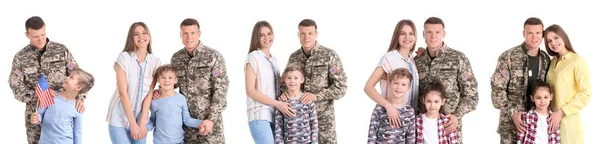 Asker Ailesi Ile Birlikte Beyaz Arka Plan Üzerinde Ayarlayın Askerlik — Stok fotoğraf