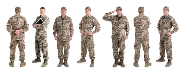 Mit Männlichem Soldaten Auf Weißem Hintergrund Wehrdienst — Stockfoto
