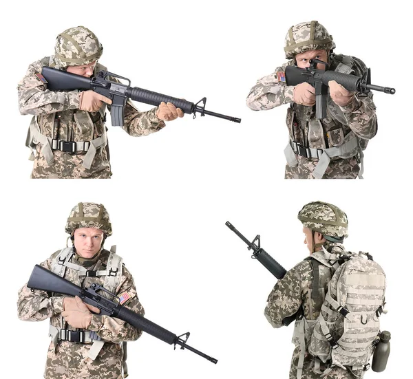 Set Met Mannelijke Soldaat Witte Achtergrond Militaire Dienst — Stockfoto