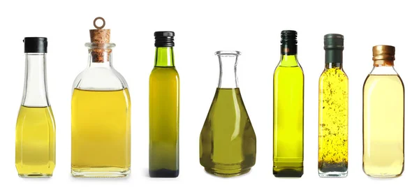 Set Mit Flaschen Verschiedener Öle Auf Weißem Hintergrund — Stockfoto
