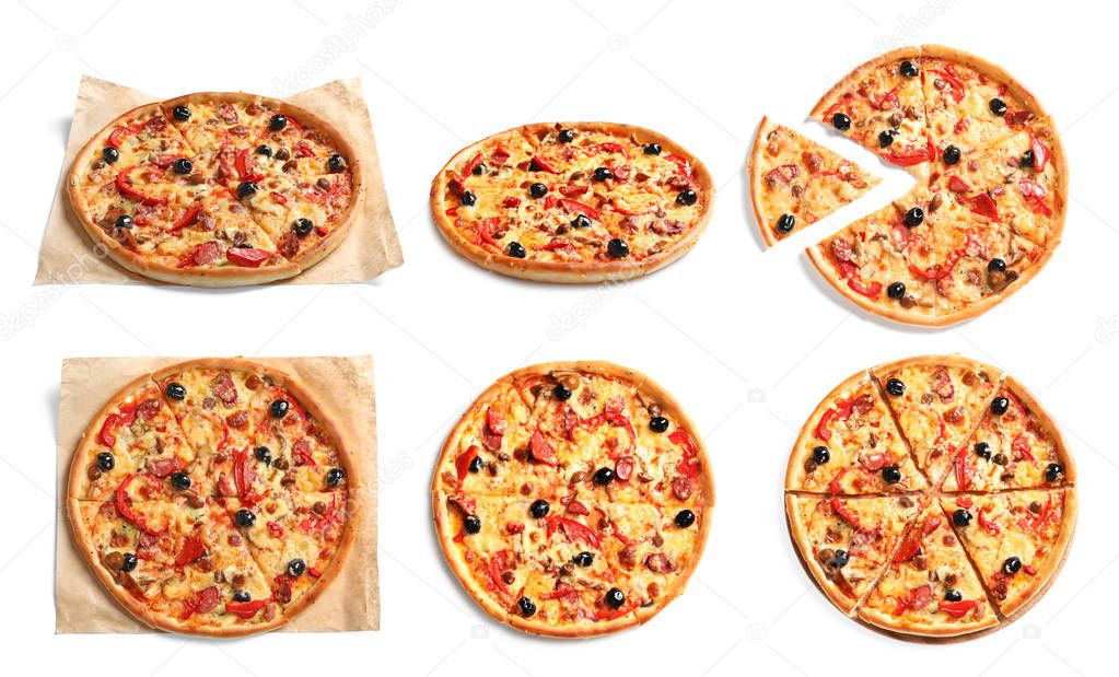 Set with delicious pizza on white background