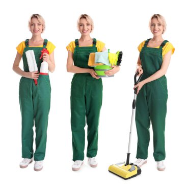 Kapıcı ve beyaz arka plan üzerinde Temizleme Ekipmanı ile ayarla