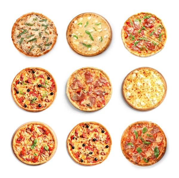 Conjunto Com Diferentes Deliciosas Pizzas Fundo Branco Vista Superior — Fotografia de Stock