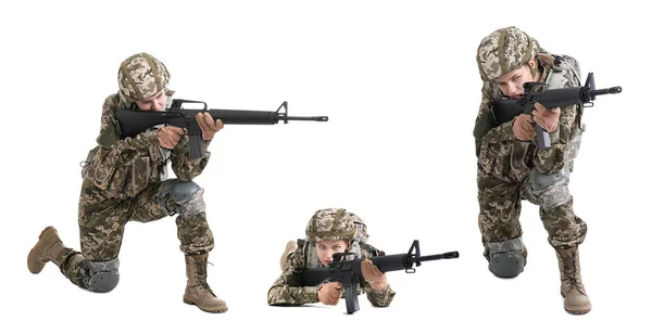 Set Med Kvinnlig Soldat Vit Bakgrund Militärtjänst — Stockfoto