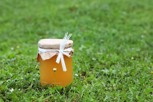 Honing Glazen Pot Van Groen Gras Ruimte Voor Tekst — Stockfoto