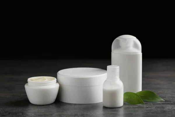 Jars Cream Bottles Dark Table Hand Care Cosmetics — Stock Photo, Image