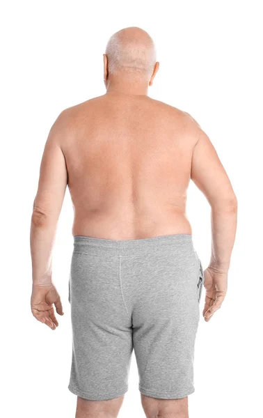 Fat Starší Muž Bílém Pozadí Ztráta Hmotnosti — Stock fotografie