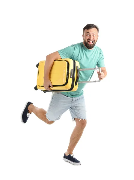 Man Met Koffer Witte Achtergrond Vakantie Reizen — Stockfoto