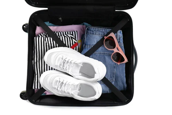 Open Suitcase Packed Travelling White Background Top View — Stock Photo, Image