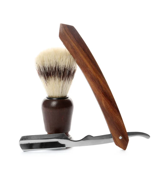 Shaving Brush Scheermes Voor Mannen Witte Achtergrond — Stockfoto