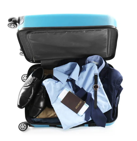 Gepackter Koffer Mit Bürokleidung Und Reisepass Auf Weißem Hintergrund Oben — Stockfoto