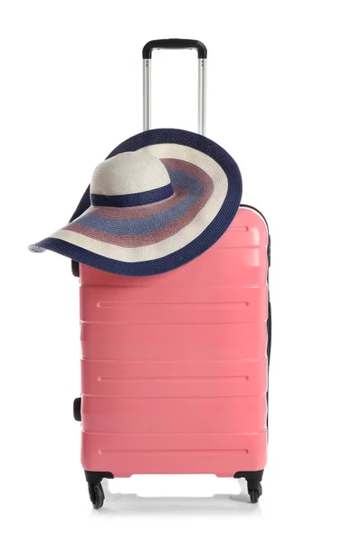 Koffer Mit Hut Auf Weißem Hintergrund Reisevorbereitung — Stockfoto