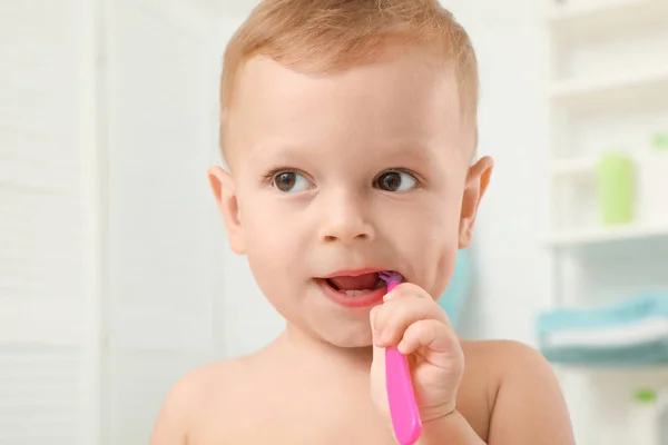 Cute Little Boy Toothbrush Blurred Background Stock Picture