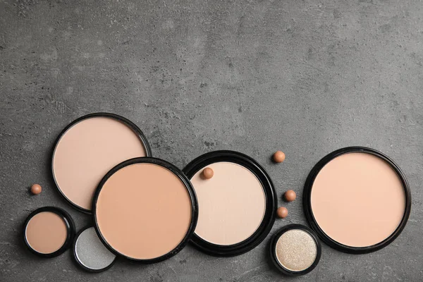 Flat Lay Composition Various Makeup Face Powders Gray Background Space — Stock Photo, Image