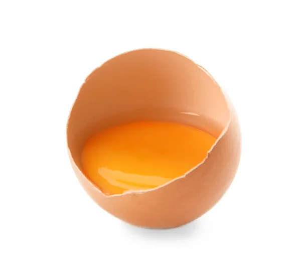 Ραγισμένο Αυγό Ωμό Κοτόπουλο Κρόκο Αυγού Λευκό Φόντο — Φωτογραφία Αρχείου