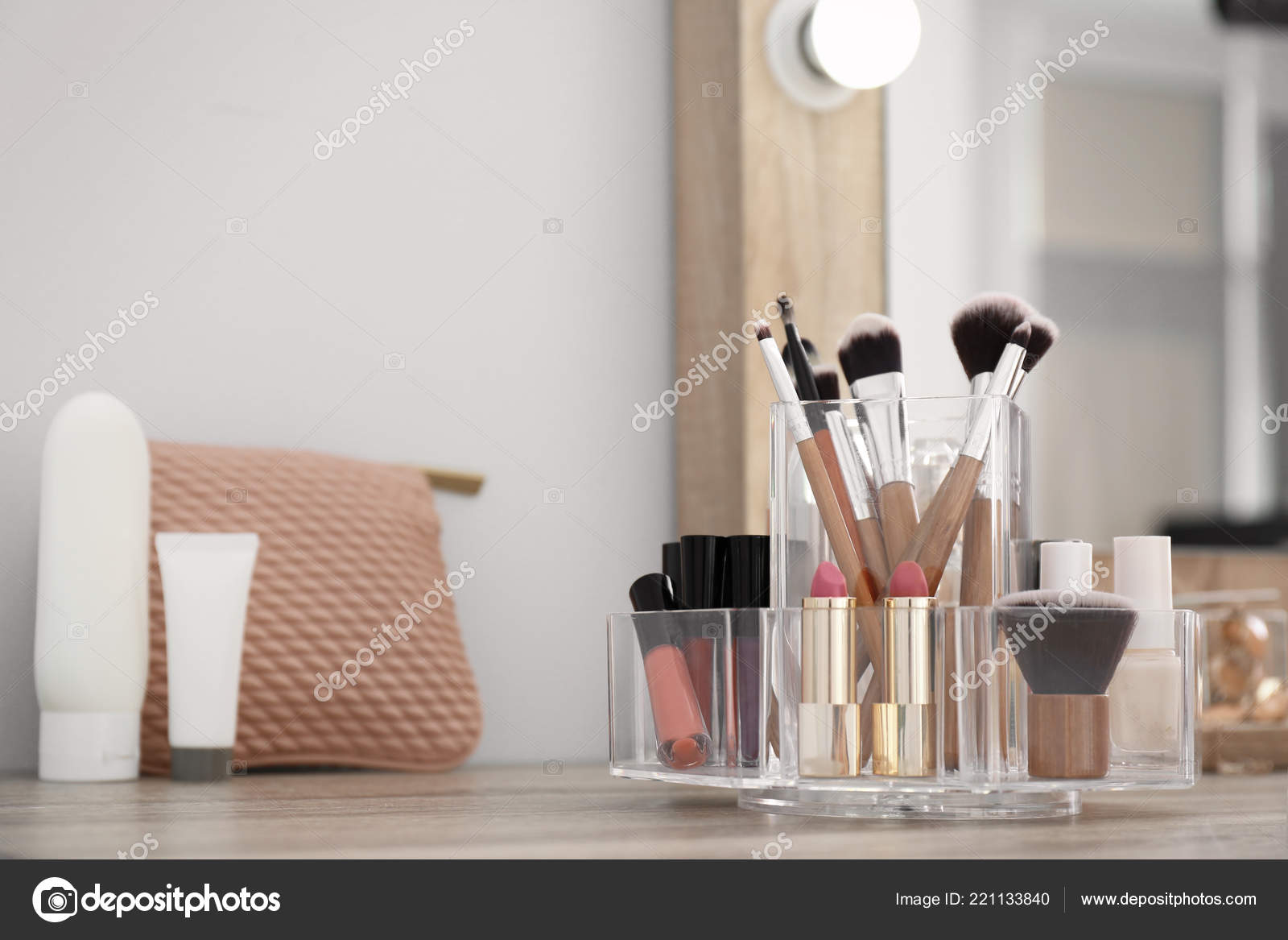 Organizer Cosmetic Products Makeup Table Mirror Stock Photo