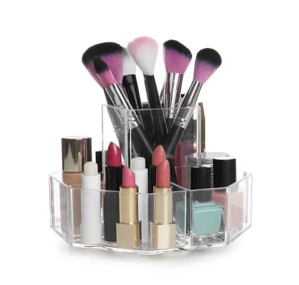 Set Med Makeup Kosmetiska Produkter Organizer Vit Bakgrund — Stockfoto