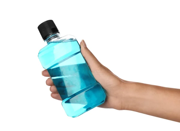 Frau Hält Flasche Mit Mundwasser Zur Zahnpflege Auf Weißem Hintergrund — Stockfoto