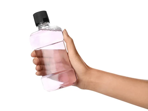 Женщина Держит Бутылку Жидкостью Полоскания Рта Ухода Зубами Белом Фоне — стоковое фото