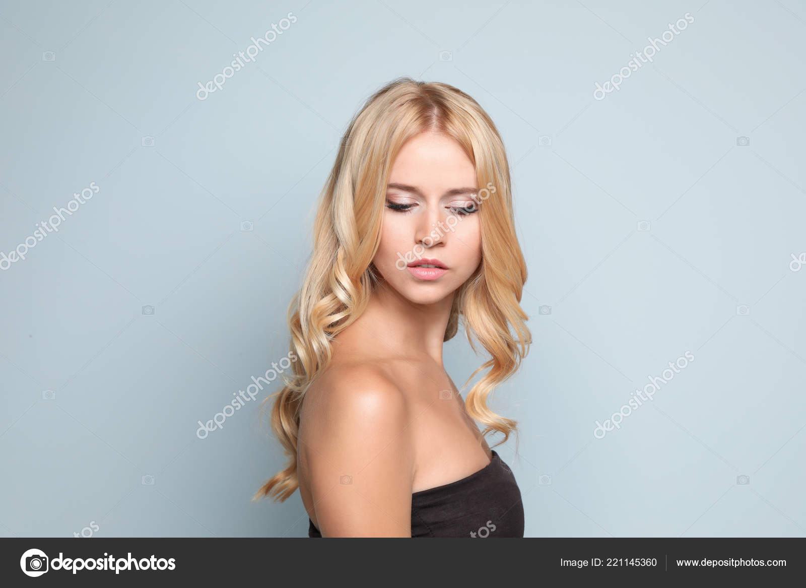 Beautiful Woman Healthy Long Blonde Hair Light Background Stock