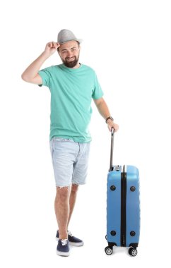 Bavul beyaz arka plan üzerinde olan adam. Tatil seyahat