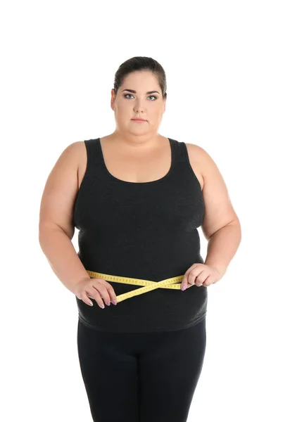Vrouw Met Overgewicht Met Meetlint Witte Achtergrond — Stockfoto