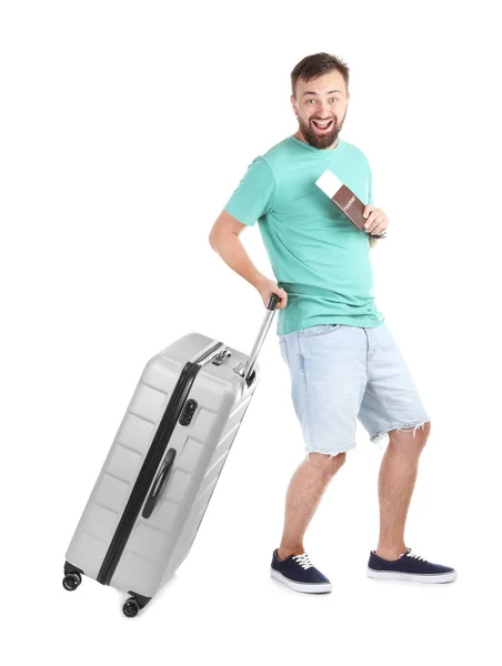 Mann Mit Koffer Und Reisepass Auf Weißem Hintergrund Urlaubsreise — Stockfoto