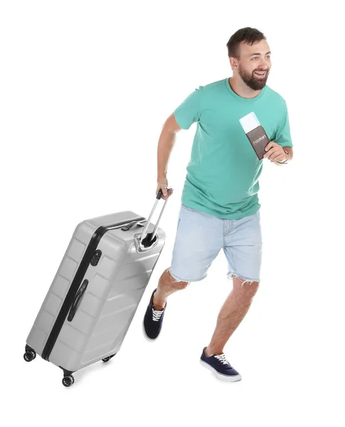 Man Met Koffer Paspoort Uitgevoerd Witte Achtergrond Vakantie Reizen — Stockfoto