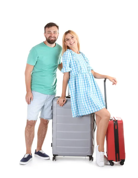 Echtpaar Met Koffers Witte Achtergrond Vakantie Reizen — Stockfoto