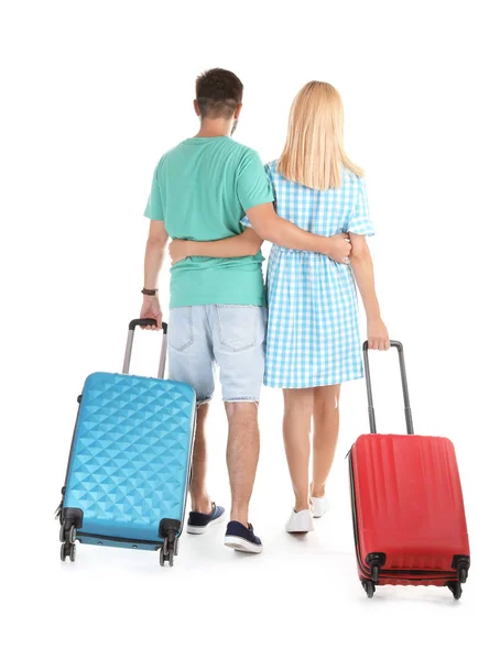 Couple Avec Valises Sur Fond Blanc Voyages Vacances — Photo