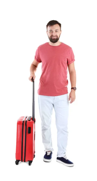 Mann Mit Koffer Auf Weißem Hintergrund Urlaubsreise — Stockfoto