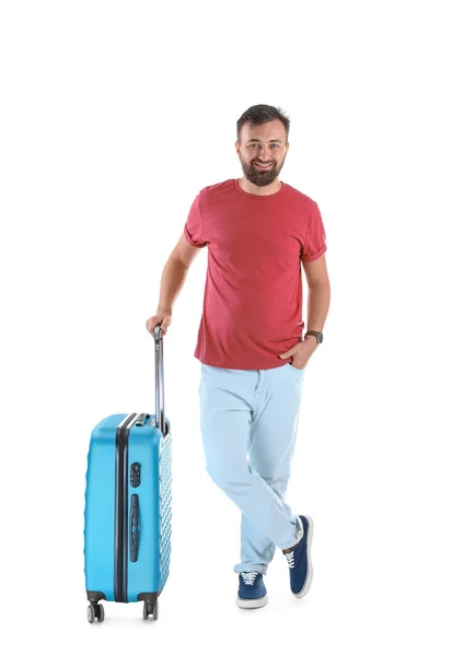 Homme Avec Valise Sur Fond Blanc Voyages Vacances — Photo